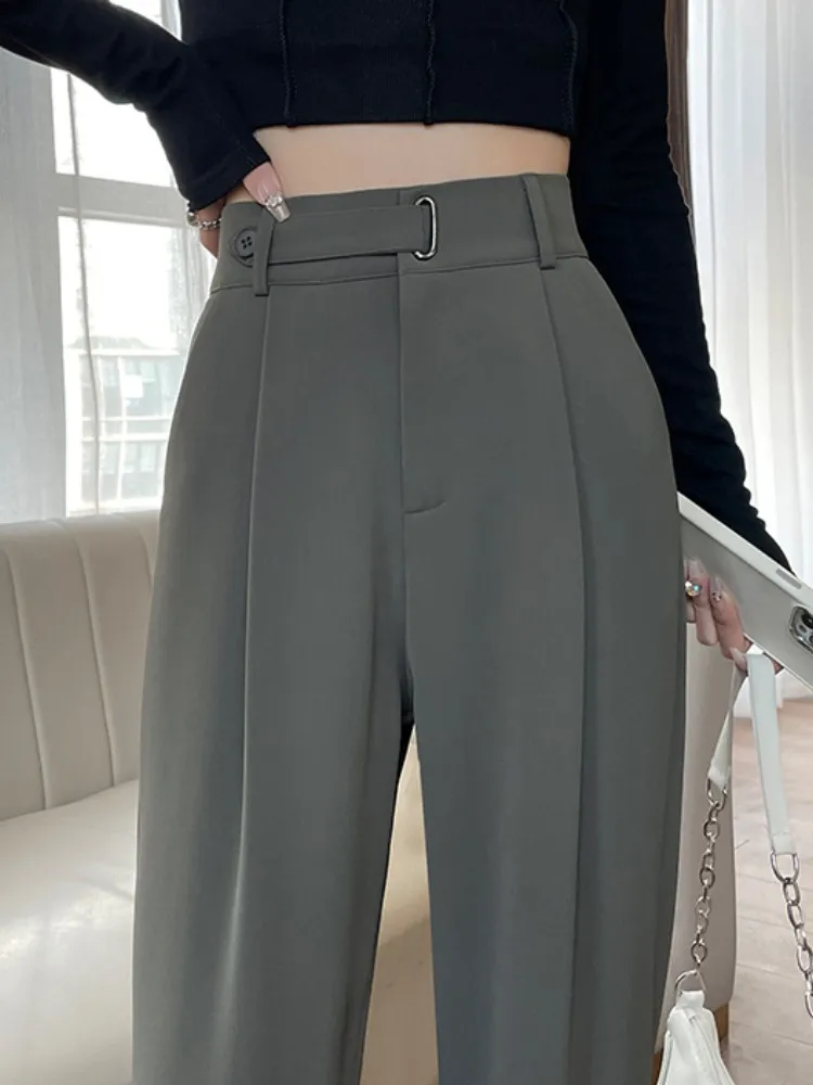 High Waist Suit White Wide Leg Women\'s Full Pant Spring Summer Female Elegant Button Minimalism Straight Loose Trousers 2023 New