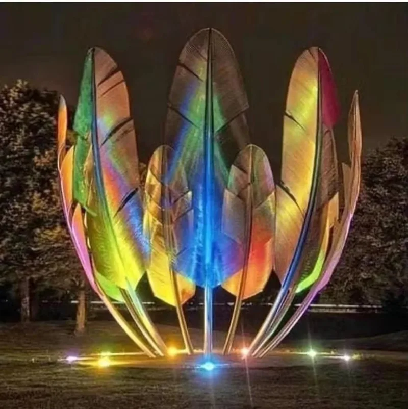 Modern square Stainless Steel Large Feather Garden Statue Kindred Spirits Monument Landscape Led Lighting Outdoor Park Sculpture