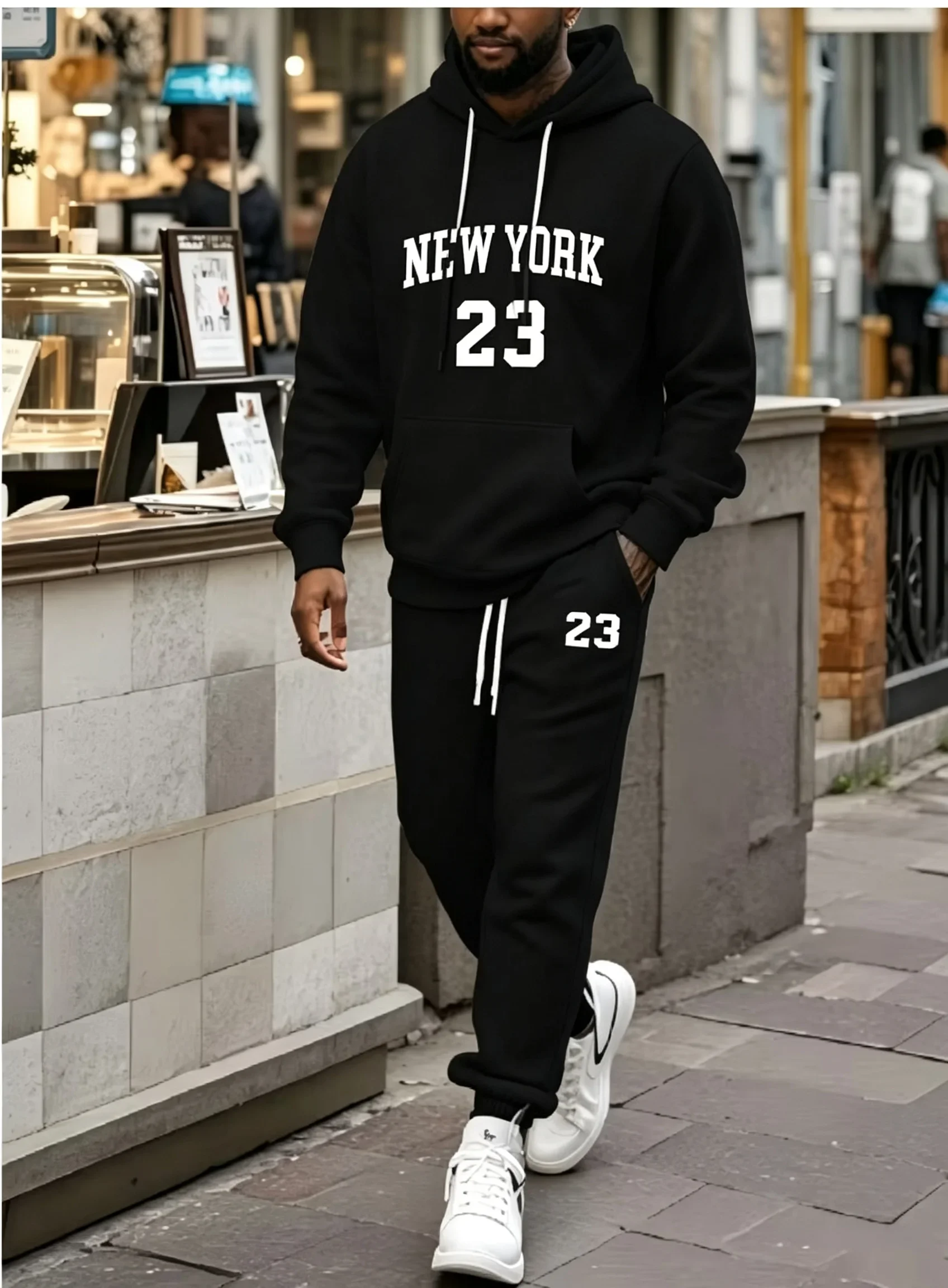 Streetwear Men's New York 23 Print Hooded Sweatshirt with Athletic Pants - Two-Piece Casual Sports Set for Fashionable Attire