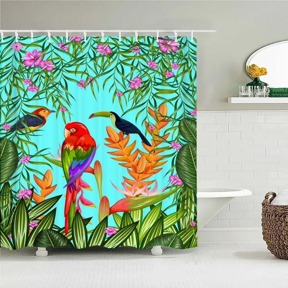 3d Flower Birds Bathroom Curtains Tropical Plant Leaves Parrot Waterproof Shower Curtains With 12 Hooks Home Decor Bath Screen