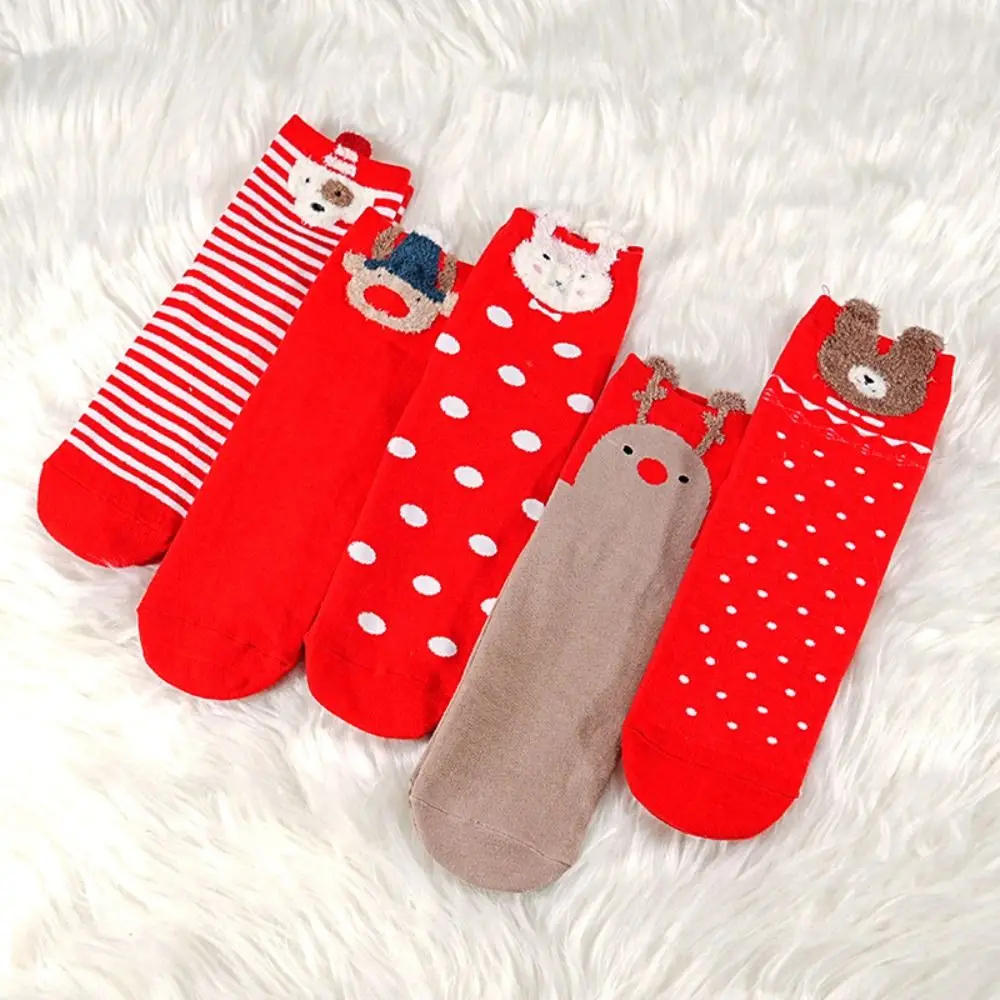 

5Pairs Cute Cartoon Christmas Stockings Rabbit Elk Non Slip Elk Tube Socks Soft Breathable Stripe Sock Women Lady/Girls/Women