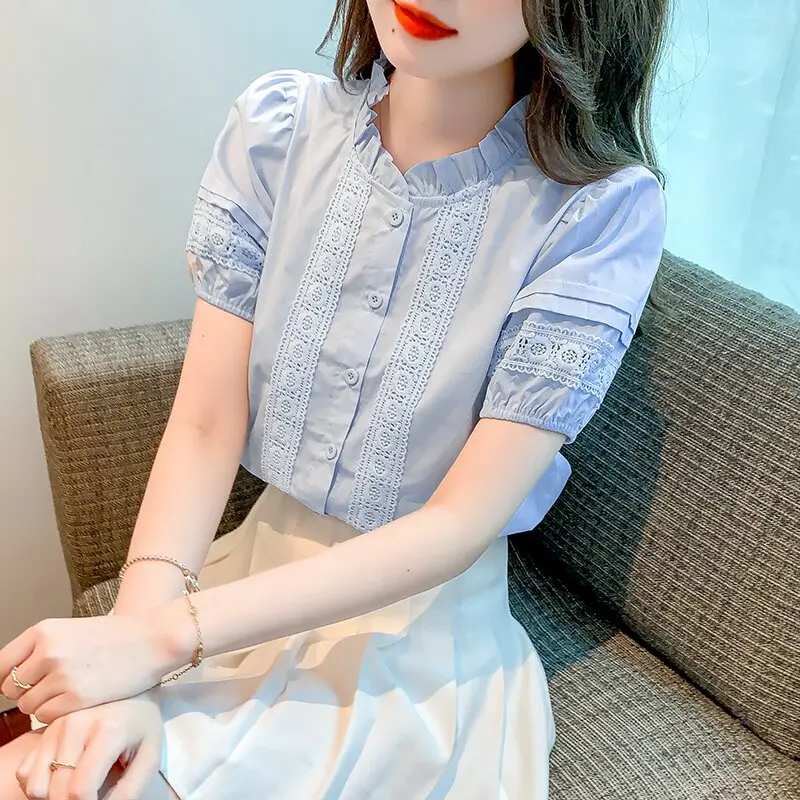 

Summer 2026 Women's Cotton Shirt Stand Collar Short Sleeve Gored Hem Korean Style Commute Wind Pure Cotton Design Sensation