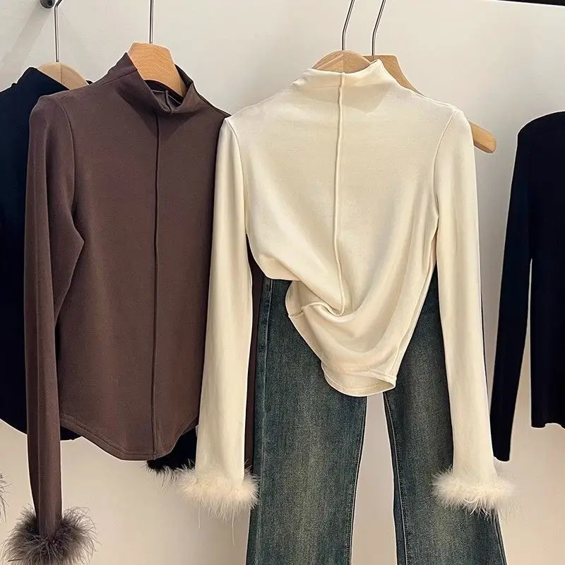 New Casual Long Sleeve T-shirt Women Thin Velvet  Splice Feather Tight Bottom Shirt Elastic Simple Versatile Commuter T-shirt