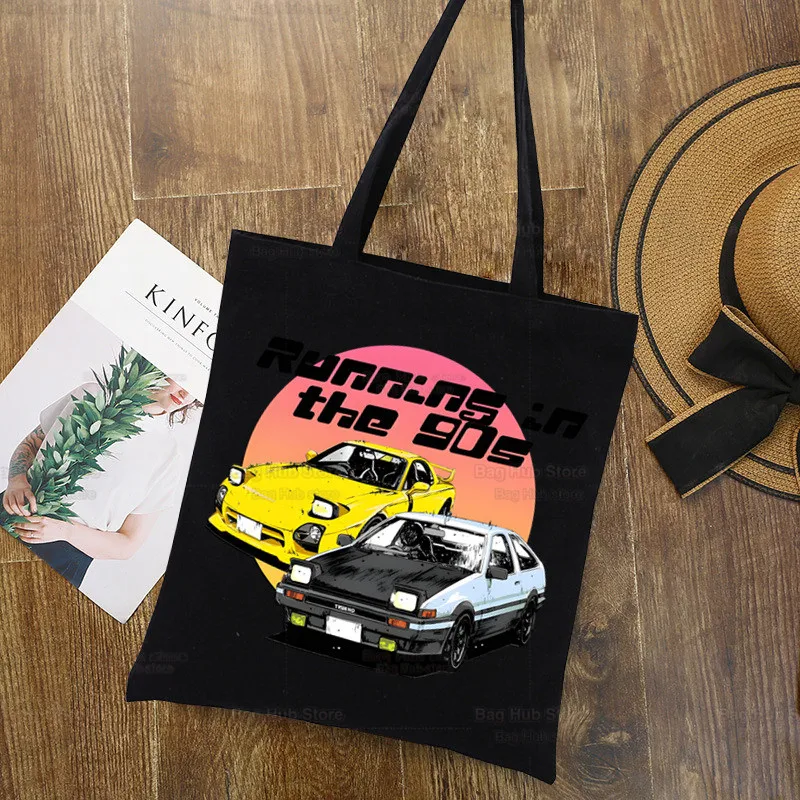 AE86 Japan Anime Black Graphic Printed Canvas Shoulder Bag Female Initial D Racing Drift Car JDM Harajuku Funny Eco Shopper Bag