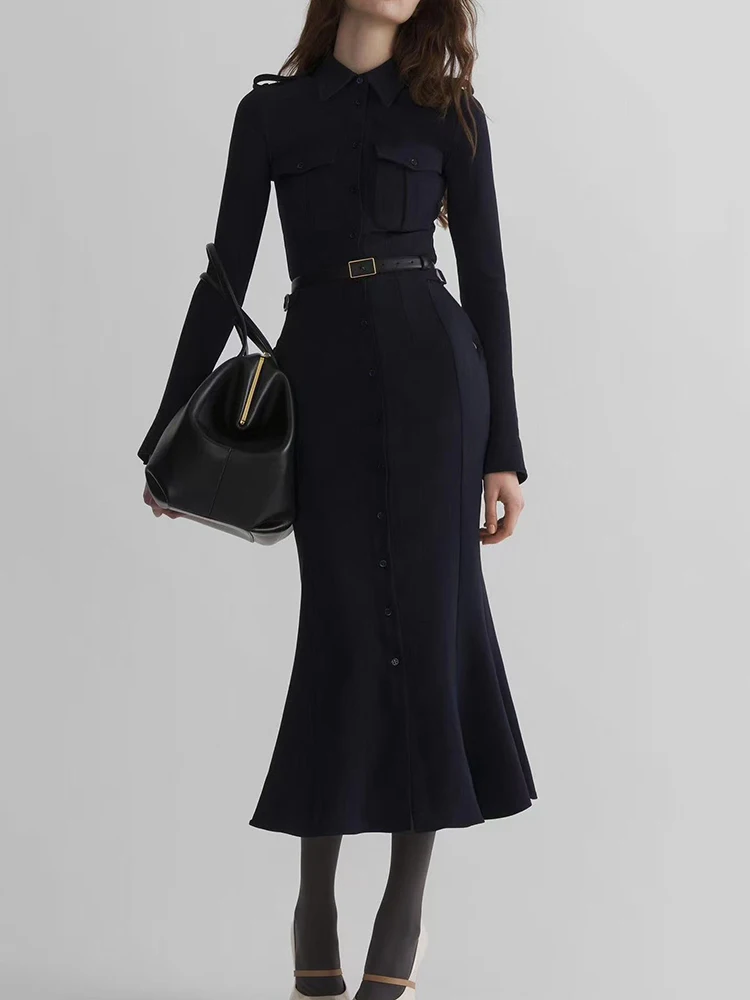 Collarless work-style dress for women - single button, fitted and figure-hugging A-line skirt, elegant business shirt dress