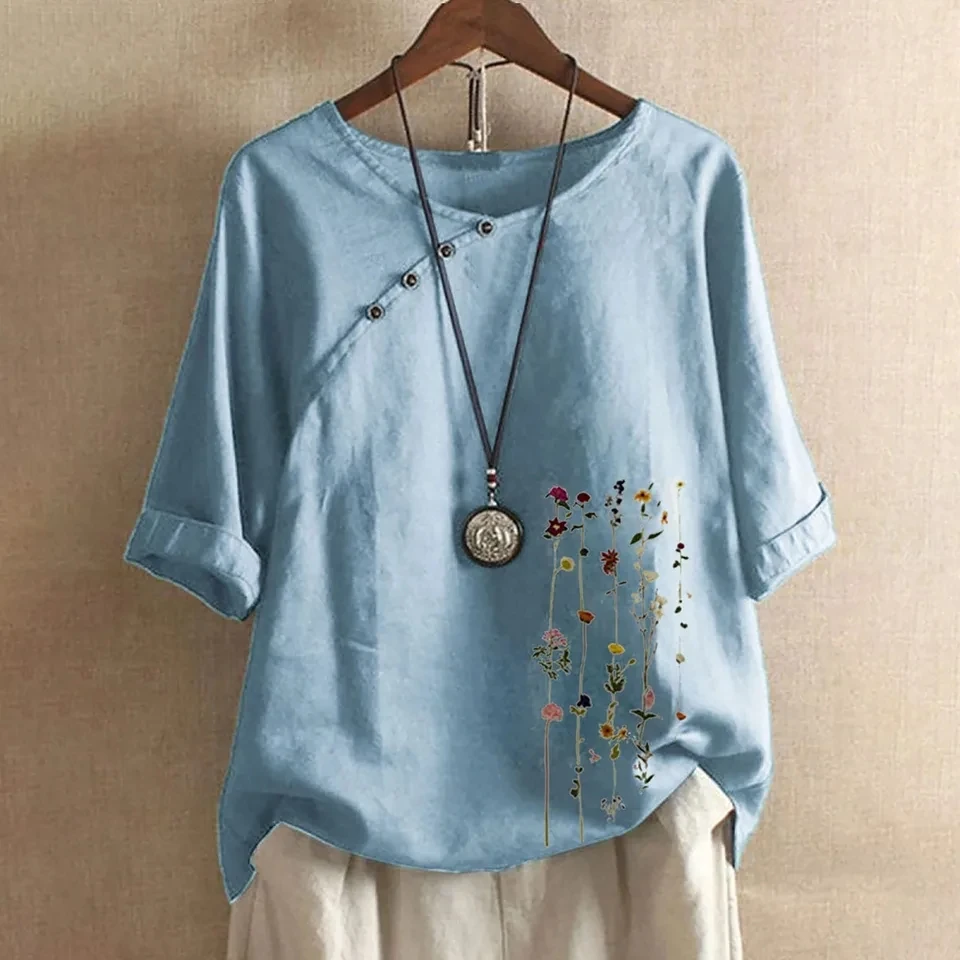 

Women's Retro Cotton Linen Blouse Crew Neck Vintage Floral Embroider Tee Shirts For Ladies Elegant Casual Tops Loose Summer Tops