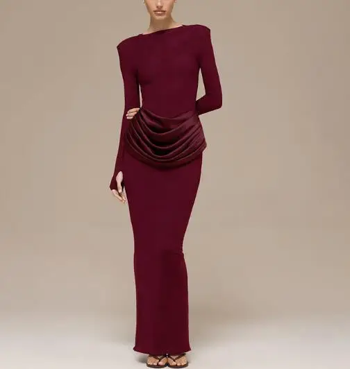 

Women's Solid Color Long Dress Autumn/Winter 2025 Temperament Slim Fit Waist Hugging Long Sleeved Pleated New Arrival