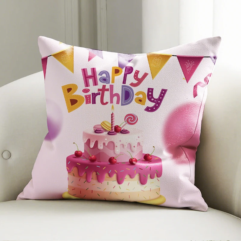 

Pink Birthday Cake Pillow Cover, Festive Dessert Print Cushion Case, Party Sofa Bedroom Decor Accent Pillow