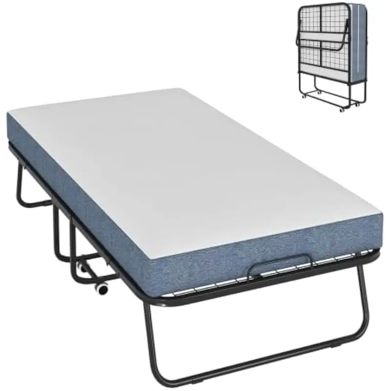 Folding Twin Bed with 5 Inch Memory Foam Mattress Black Steel Frame Supports 250 Lbs Foldable Design with Locking Casters Space