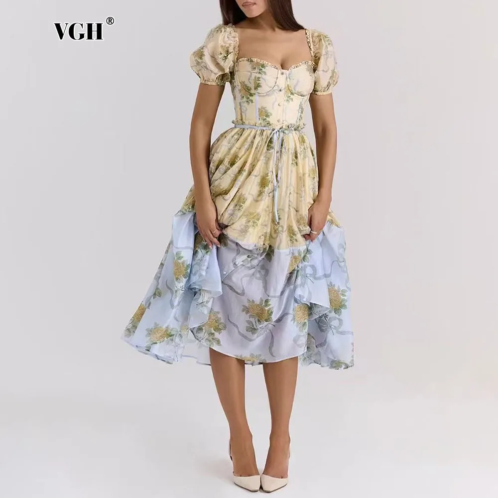 

VGH Sexy Summer Printing Party Dress for Women Square Collar Princess Sleeve High Waist Patchwork Singel Breasted Dresses Female