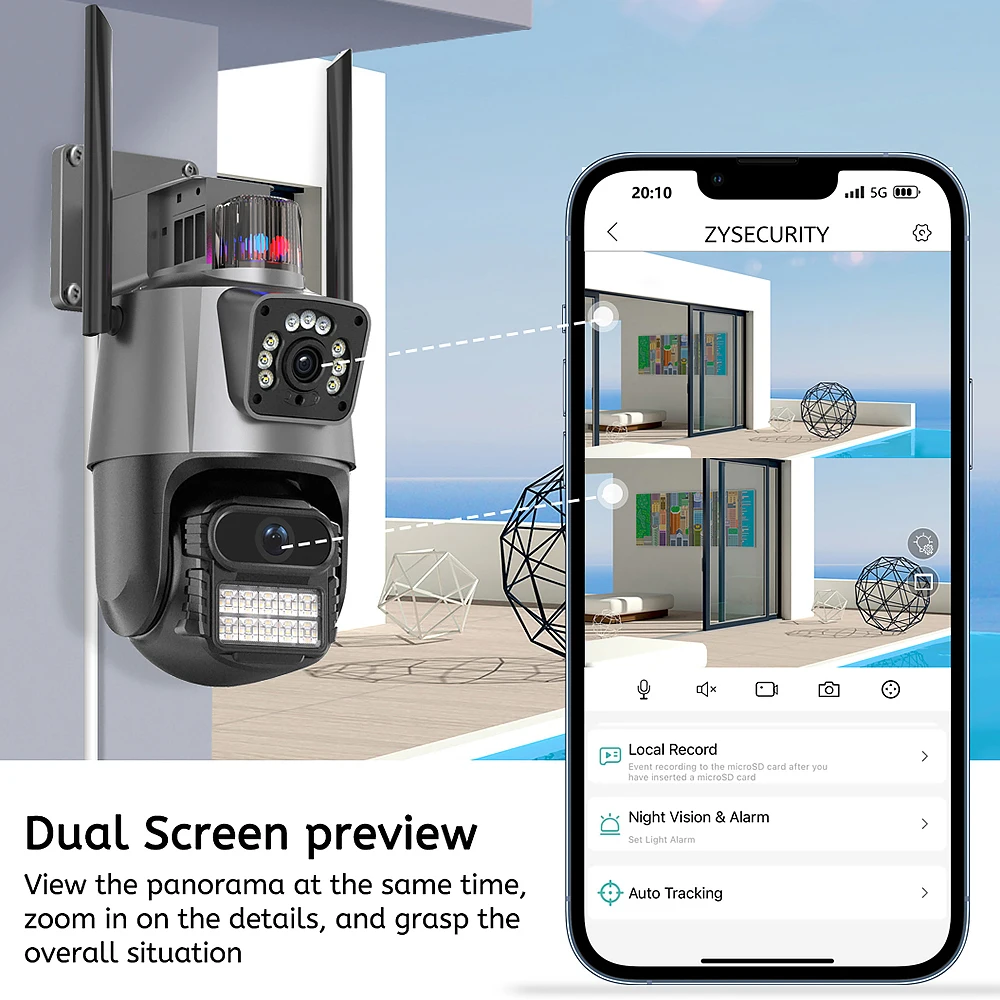 Dual Lens Wifi PTZ IP Camera Outdoor Dual-Screen Human Tracking Security Cameras Color Night Vision 2-Way Audio Surveillance Cam