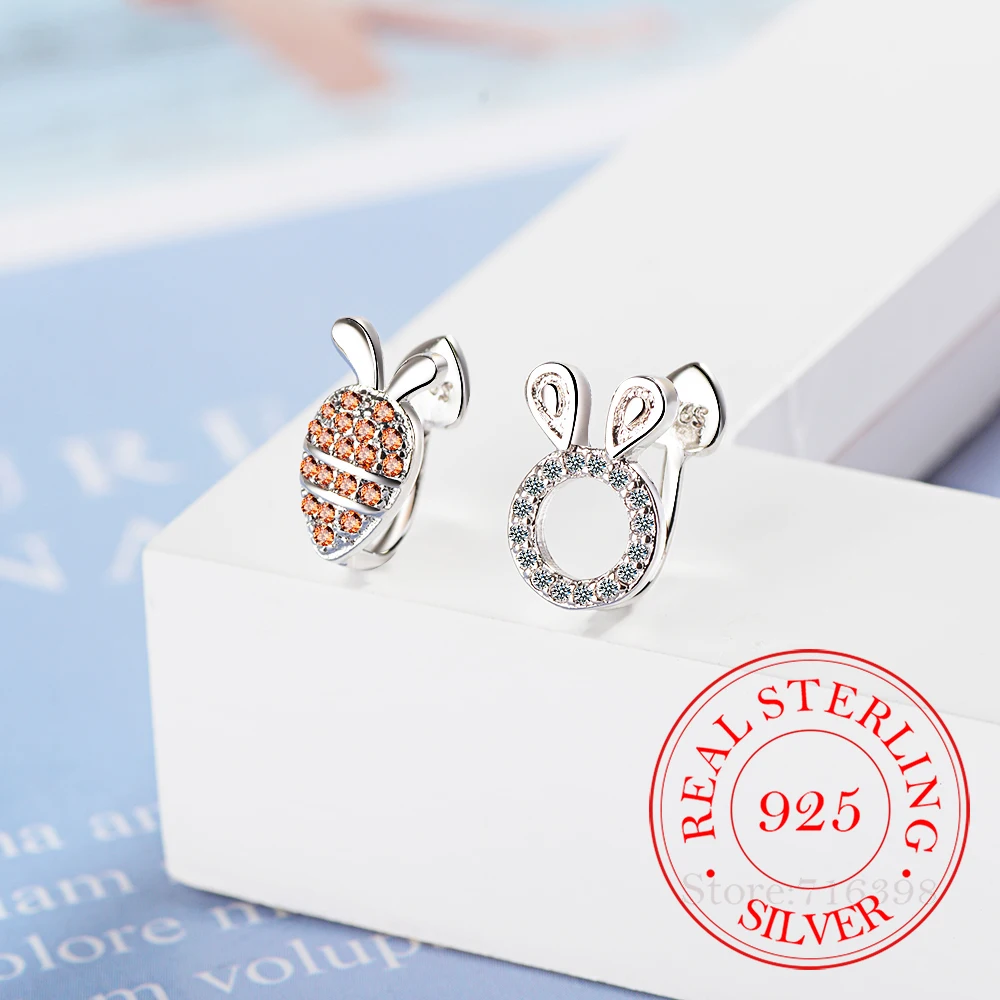 Cute Small Asymmetric Rabbit Carrot 925 Sterling Silver Ear Cuff Clip Earrings For Women Girls Student Kids Boucle Oreille Femme