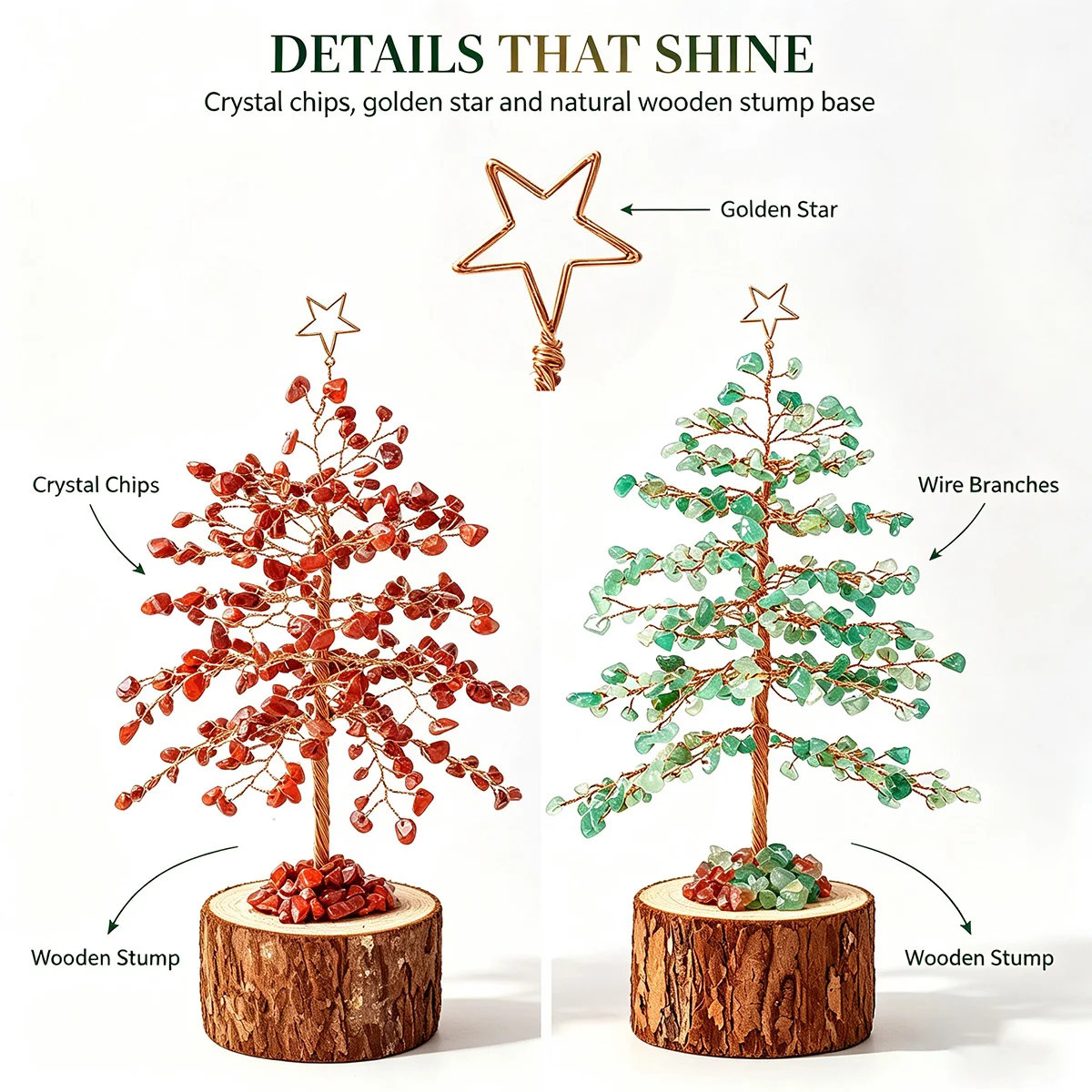 1PC Natural Aventurine Crystal Lucky Money Christmas Tree with Wooden Base, Mini Gemstone Feng Shui Figurine, Home Office Desk L