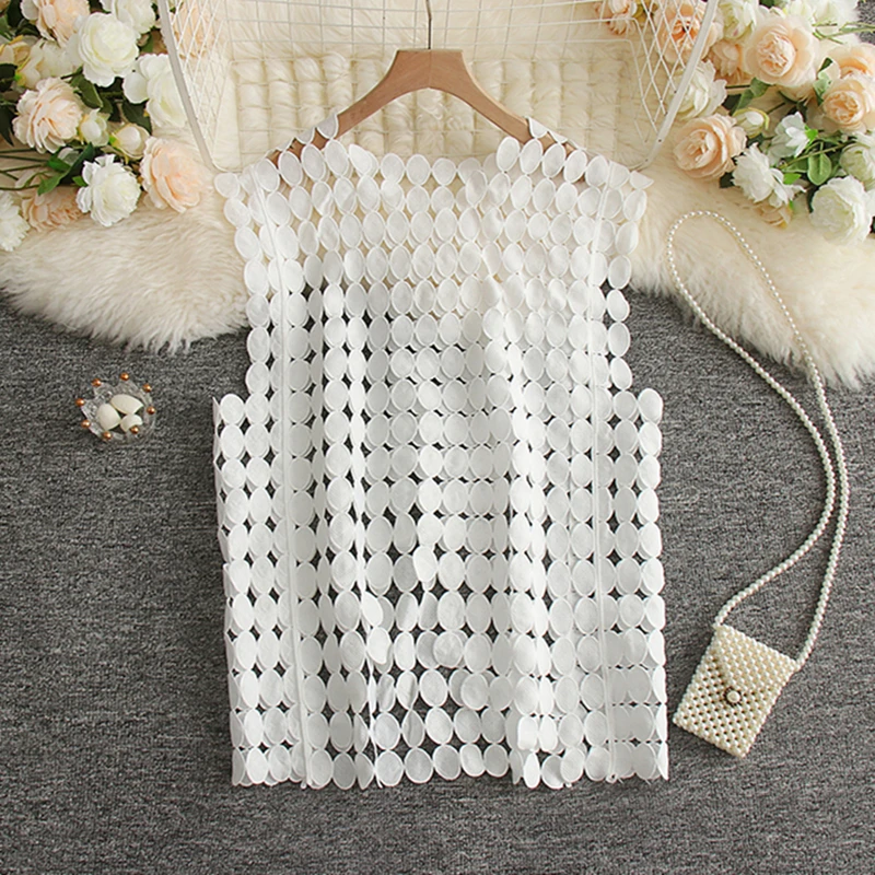 Irregular Dots Crochet Tank Top Women Summer Sleeveless Hollow Out Vest Korean Style Elegant Ladies Black White Boho Cover-Ups