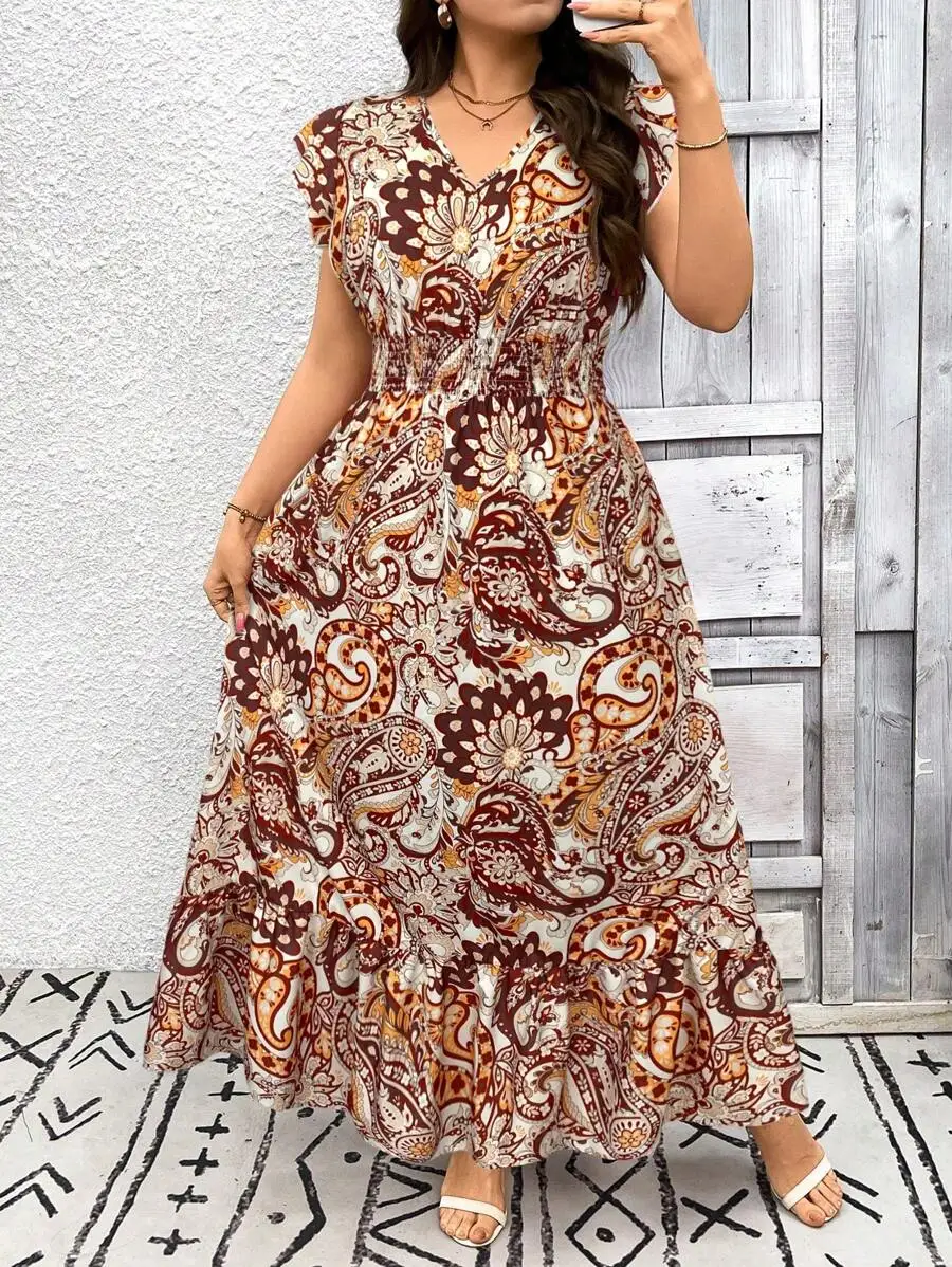 

Платье макси больших размеров с V-образным вырезом и принтом пейсли, с рюшами по низу, в стиле бохо, повседневное, летнее