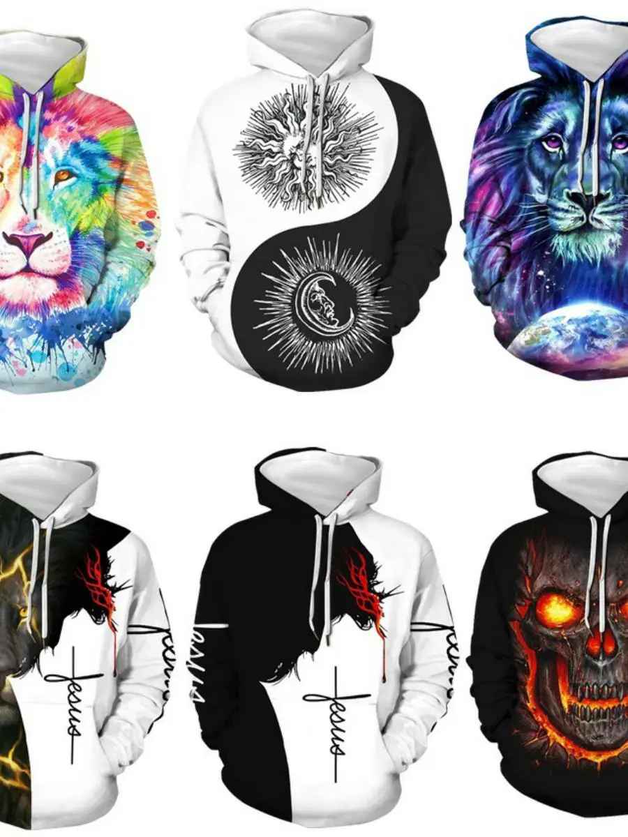 

New Halloween Myth Viking Lion Head Men's Casual Hoodie 3D Digital Printing Sweatshirt Polyester Fiber Cartoon Pattern Autumn...