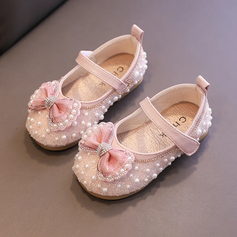 

Girls Pearl Bow Princess Shoes Fashion Sequin Rhinestone Children Dance Shoes Spring Summer Flats Kids Shoes 2022 New Hot Sale