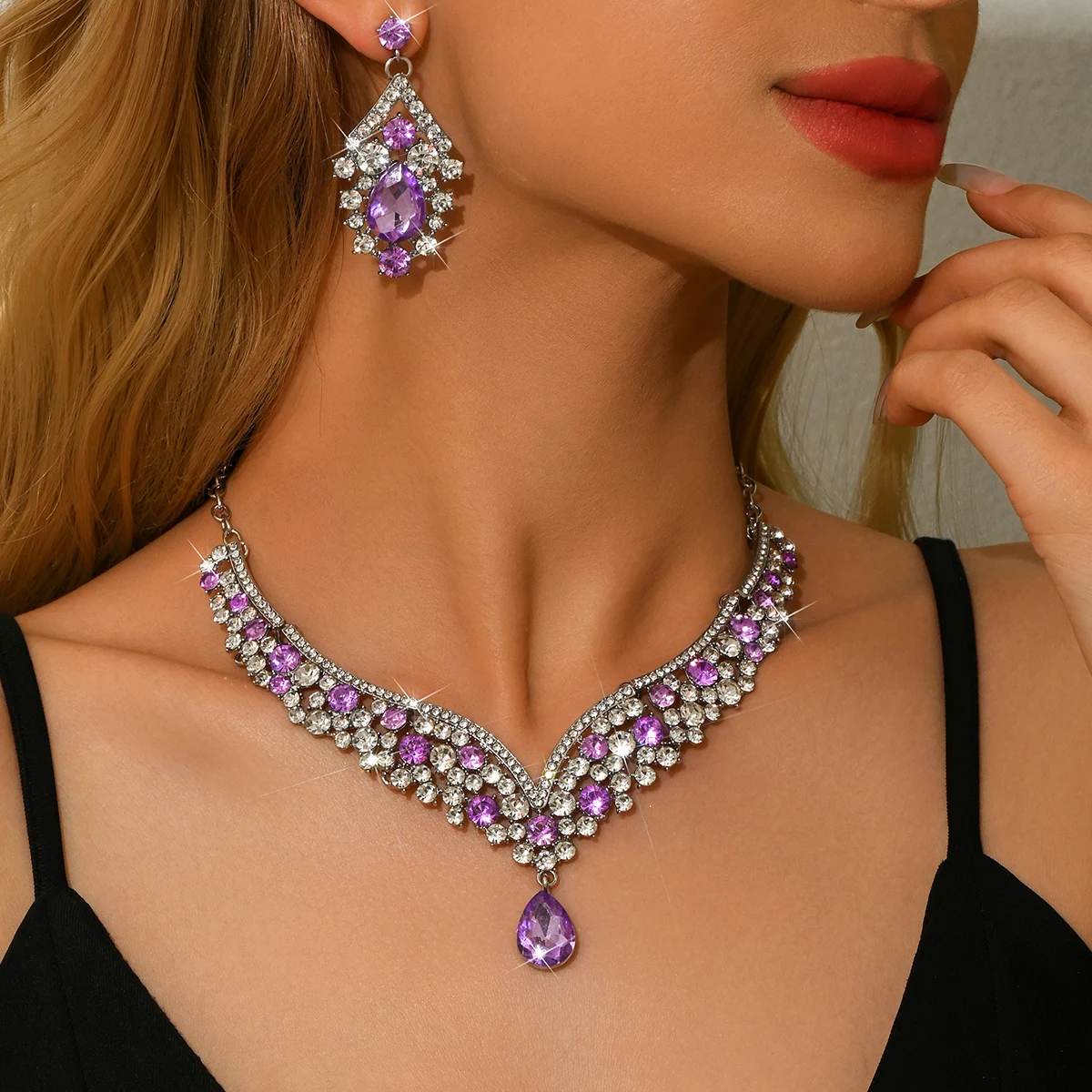 Luxury Purple Crystal Jewelry Set Women Necklace Earrings Shiny Silver Tone V-Neck Party Wedding Accessories