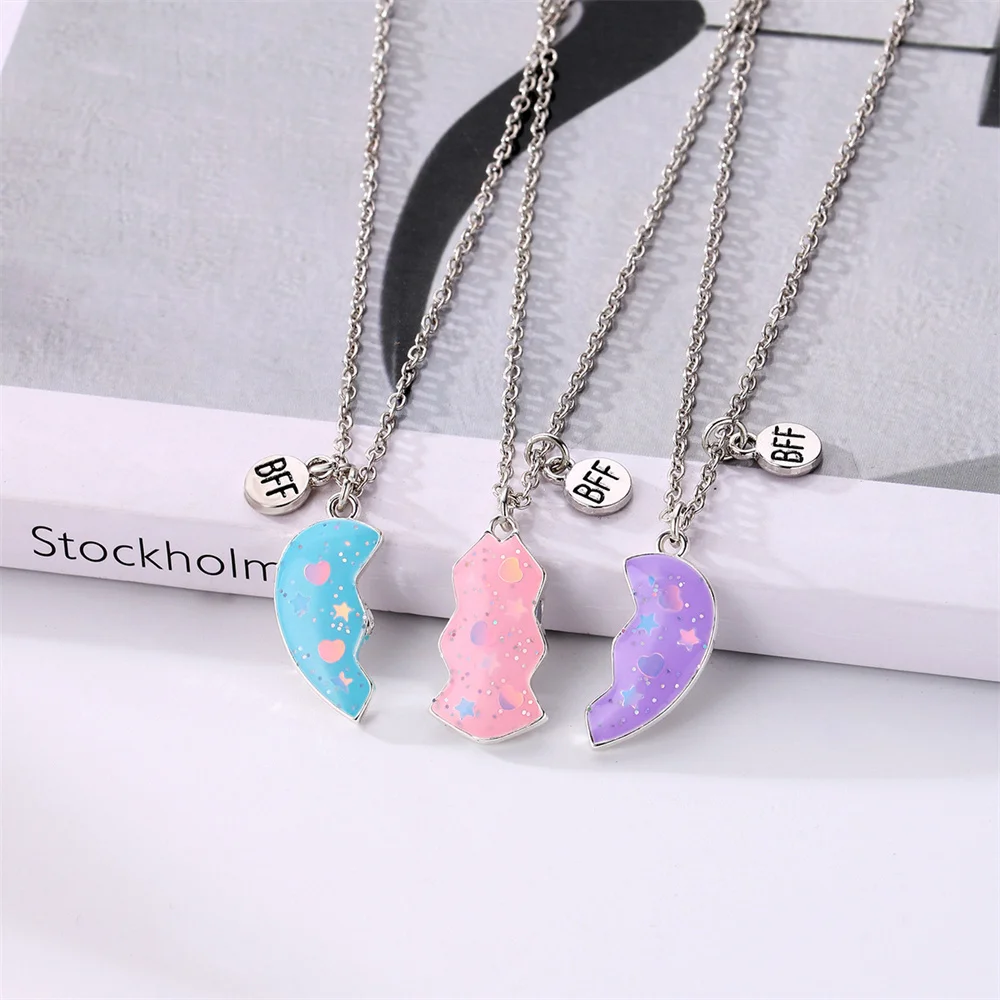 3 Pcs/Set Broken Heart Stitching Necklace for Women Magnetism Bling Heart Charms Necklace BFF Best Friends Pendant Necklace
