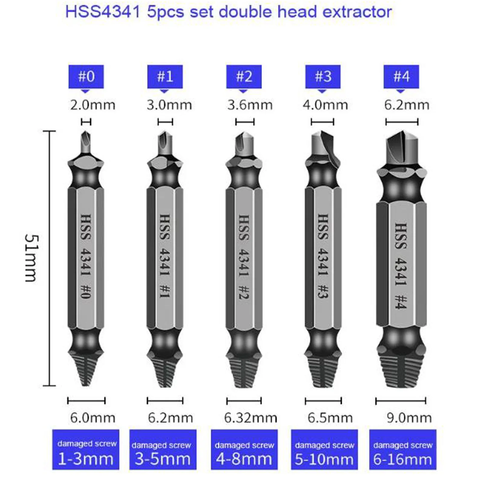 5pcs/box 0# 1# 2# 3# 4# Damaged Screw Extractor Drill Bit Set HSS4341 Out Bolt Extractor Bolt Stud Remover Tool Double Head