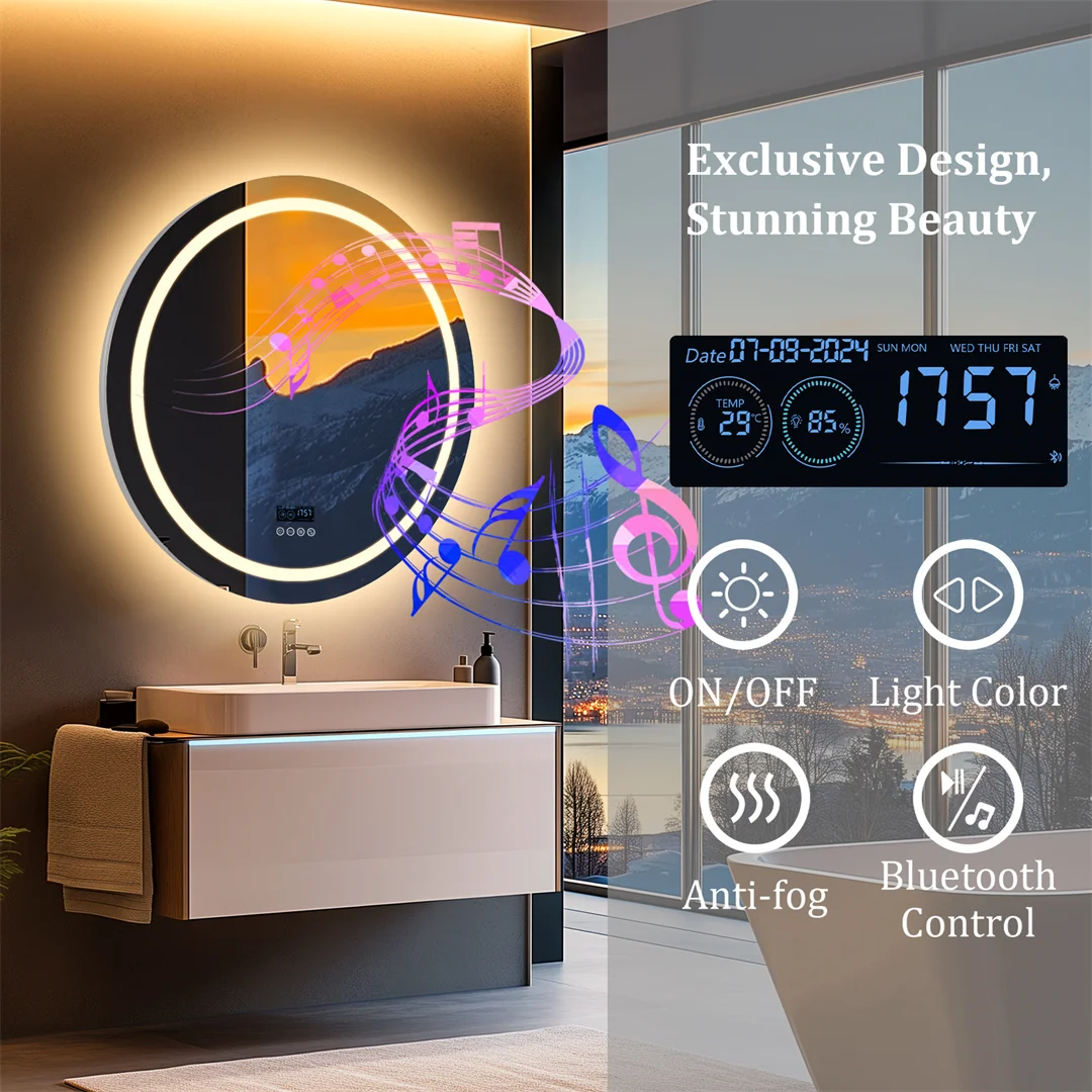 LUVODI Round Bathroom Mirror with Dual Bluetooth Speakers Anti-Fog Lighted Shower Vanity Mirror with Time Weather Display