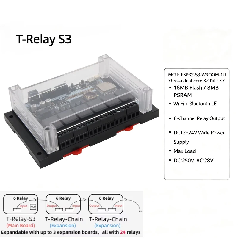 T-RelayS3 ESP32-S3 6-Way Relay Development Board ESP32-S3-WROOM-1U Wireless Module WiFi Bluetooth Expandable LCD Display