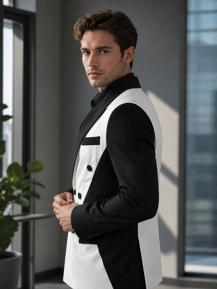 Men Color Blocking Blazer Elegant Peak Lapel Double Breasted Slim Fit Jacket Wedding Guest Groom Party Formal Business Suit