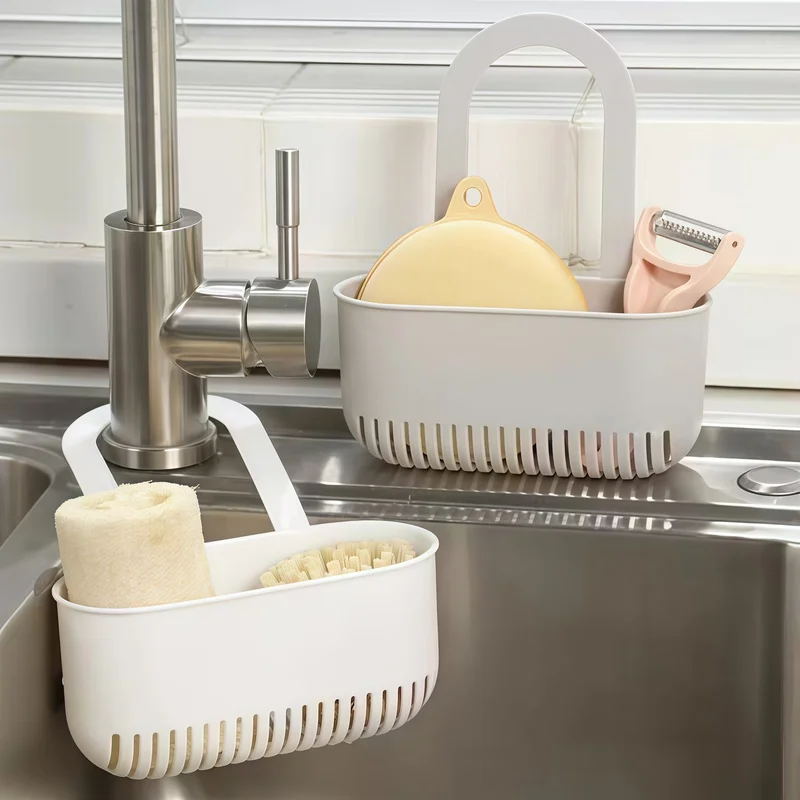 1pc Hanging Sink Storage Basket Plastic Kitchen Sink Hanging Organizer Drainage Basket for Sponge Brush Rag Bathroom Gadget