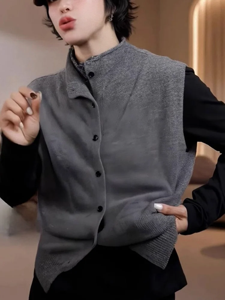 Ele Deep ey Svel Chaleco de punto Casual Commute Top Único Sle Coreano Faion Poeta Lin Marca Botón Detalle Color puro
