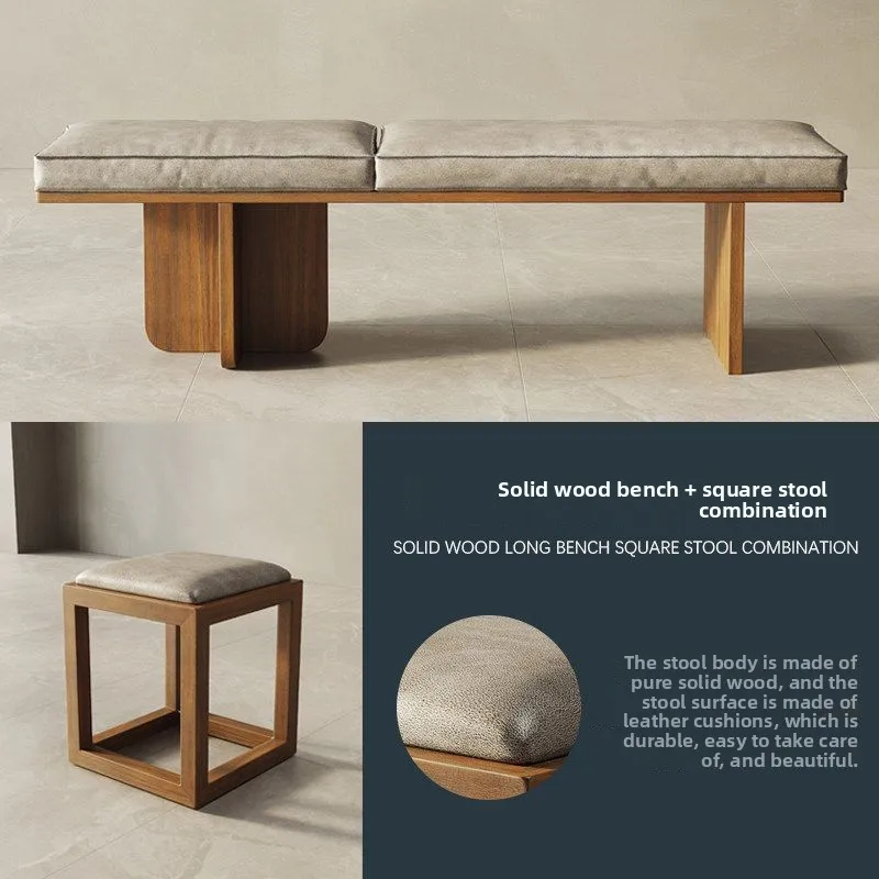 Solid wood bench, retro home soft bag bench, creative minimalist bench