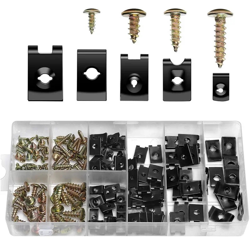 170pcs Metal Screw Fastener Clips U Type Clip For Car Bumper Fender Trim Panel Fastener Retainer Clip Gasket