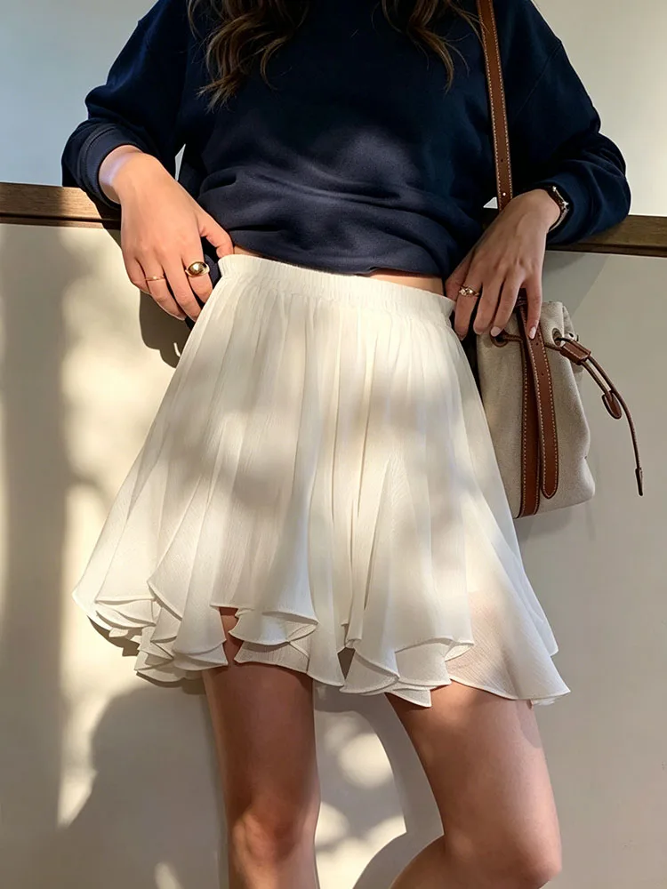 Women Elastic High Waist Mini Skirt 3 Colors Flowy Layered Cake Short Skirt Summer Casual Beach Skirt