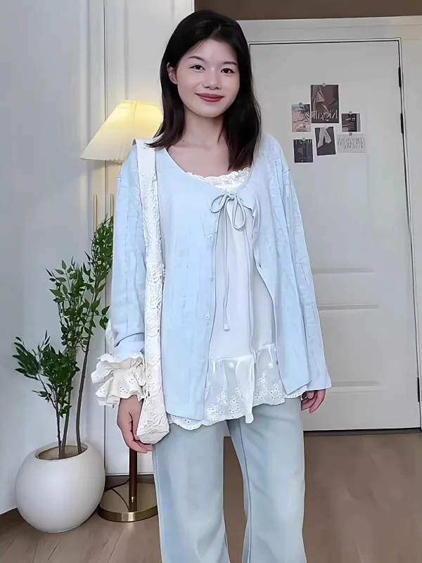 

Женский корейский вязаный кардиган с кружевной отделкой больших размеров, длинный све, топ на бретелях, комплект Faion, осенняя одежда с эффектом похудения