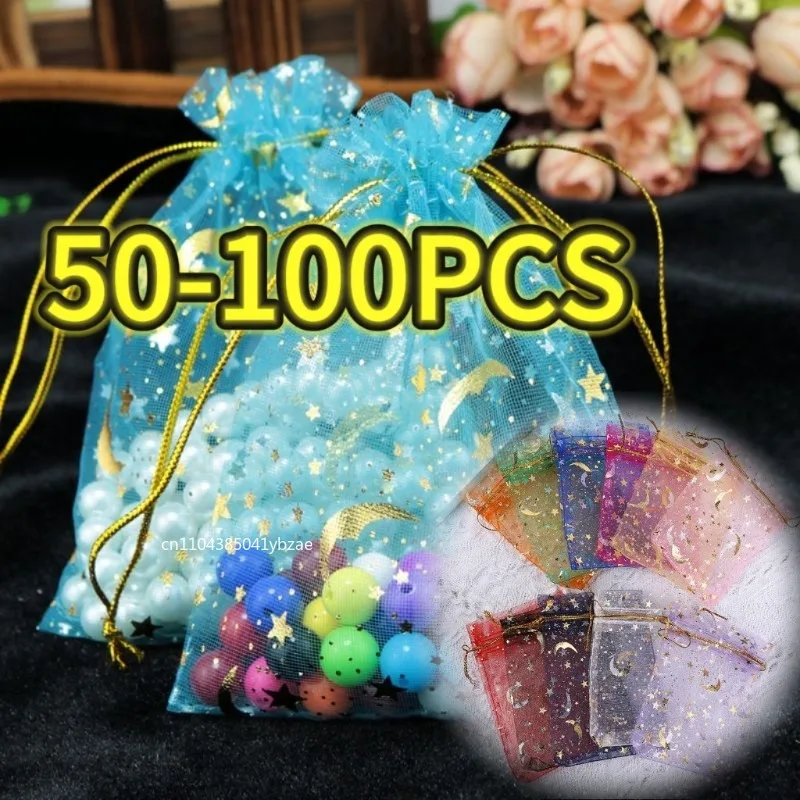 50-100 قطعة القمر نجوم الرباط أكياس الأورجانزا مجوهرات حقائب للهدايا الحقائب الذهب ستار الأورجانزا لصالح الحقائب لعيد الميلاد الزفاف