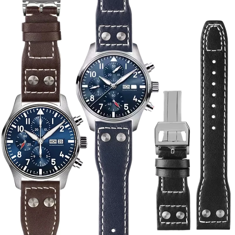 

Высококачественный ремешок из натуральной кожи с заклепками, 21 мм, 22 мм, для IWC Big Pilot Spitfire Mark18, винтажный, коричневый, черный, синий, ремешок для часов из воловьей кожи.