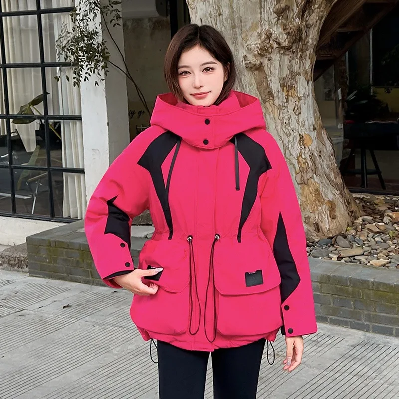 

Streetwear Hooded Parkas Winter Women's Cotton-padded Jacket Patchwork Colour Coat Loose Outerwear Thicken Windproof Warm Coats