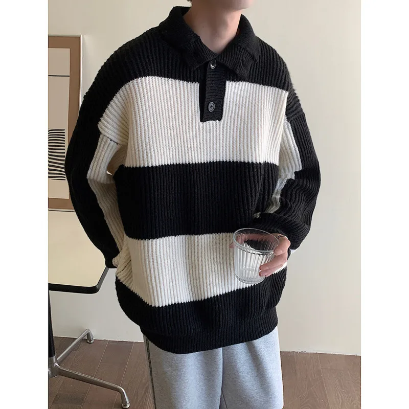 Winter Striped Sweater Men Warm Lapel Knitted Pullover Men Streetwear Korean Loose Long Sleeved Sweater Mens Jumper Clothes