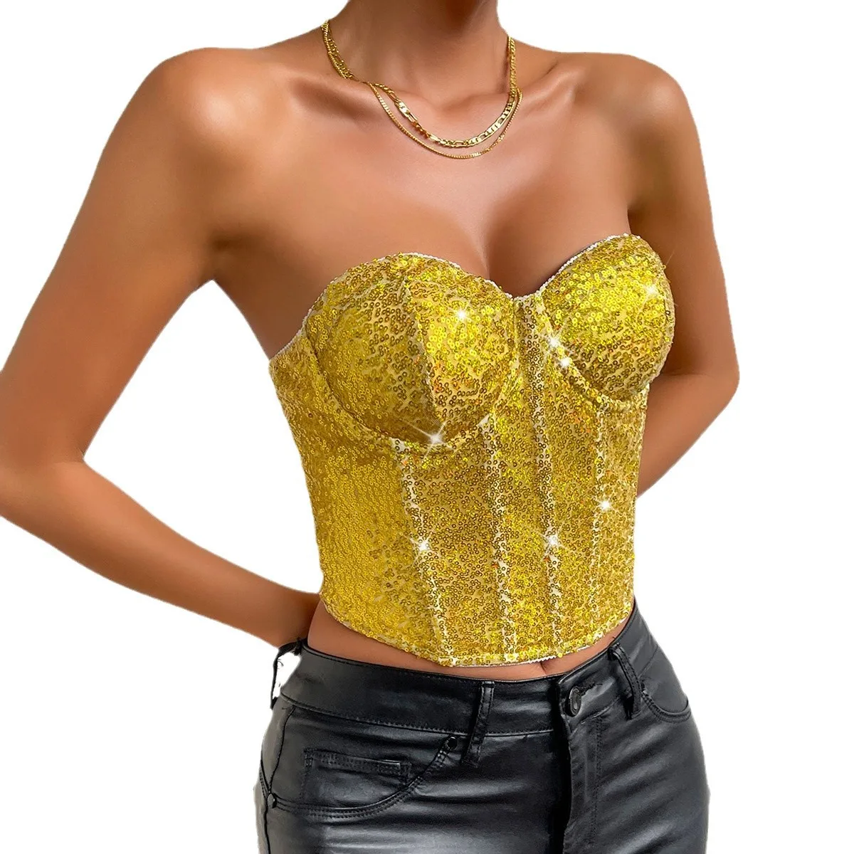 

Street Sle Heavy Du Zipper Sequin Wrap Chest Nightclub Faion Top Women's Vest ort Length Bright Tead Element