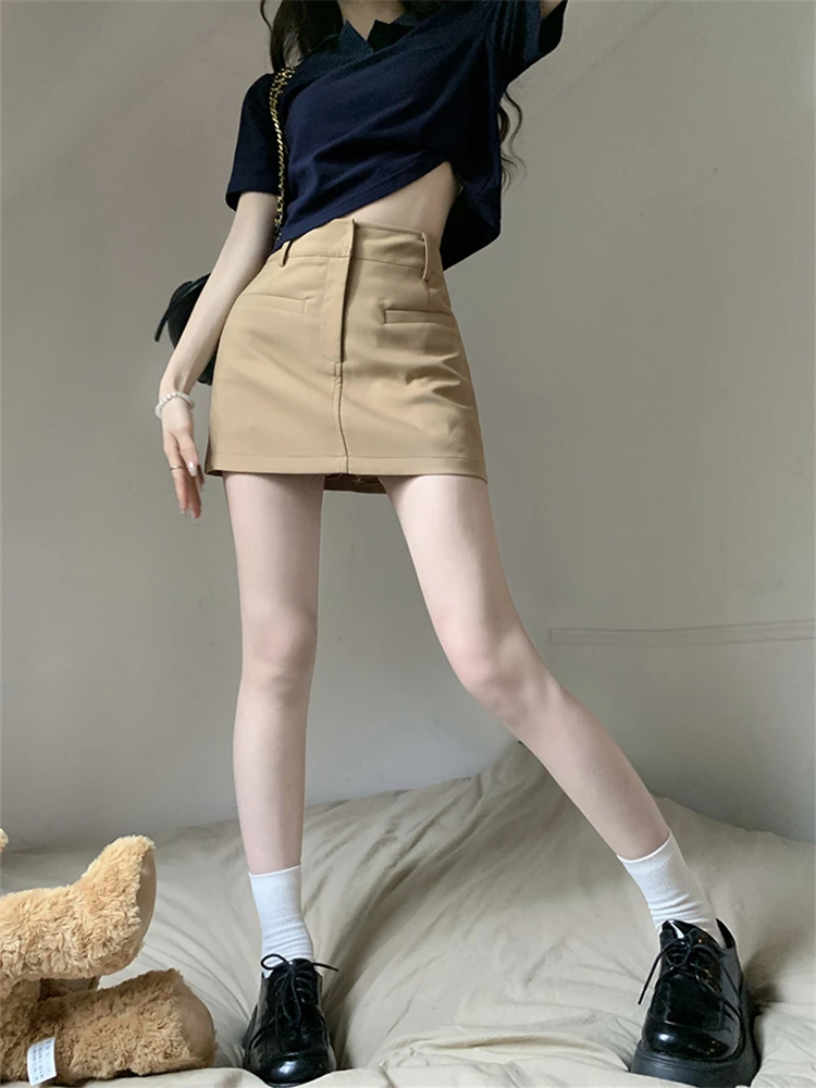 

Женская юбка-костюм большого размера цвета хаки с высокой талией, короткая юбка А-силуэта в корейском стиле, однотонная, для офиса, летняя новинка