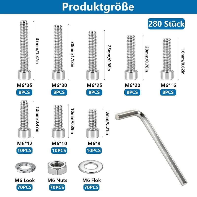 280pcs M6 Hex Socket Head Cap Screws Bolts and Nuts Set Stainless Steel Hex Head Screws with Washers Assortment