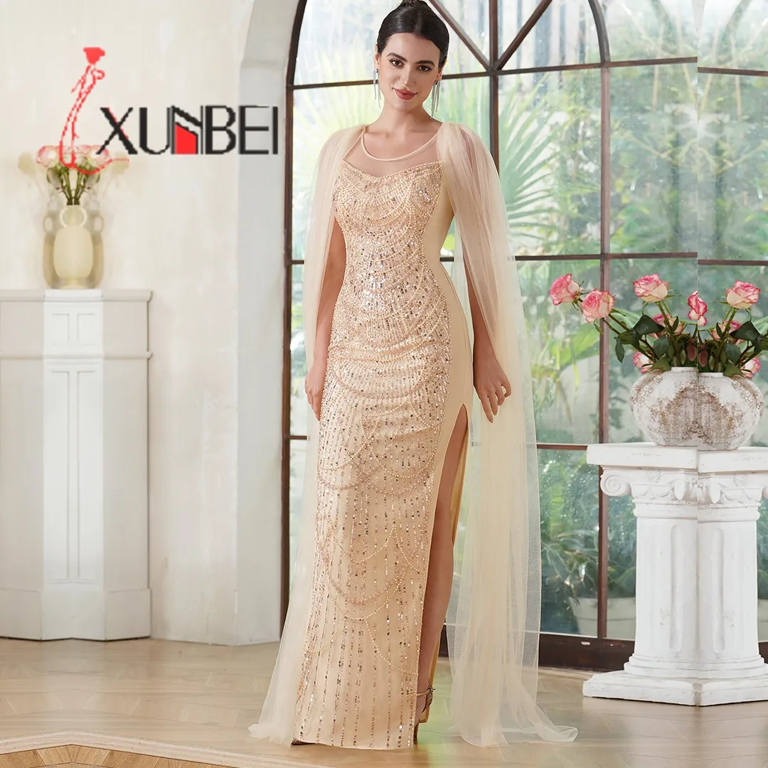 

XUNBEI Luxury Sequines Beadings Dubai Evening Gown with Tulle Cap Arabic Mermaid Ball Party Celebrity Formal Dress Gown