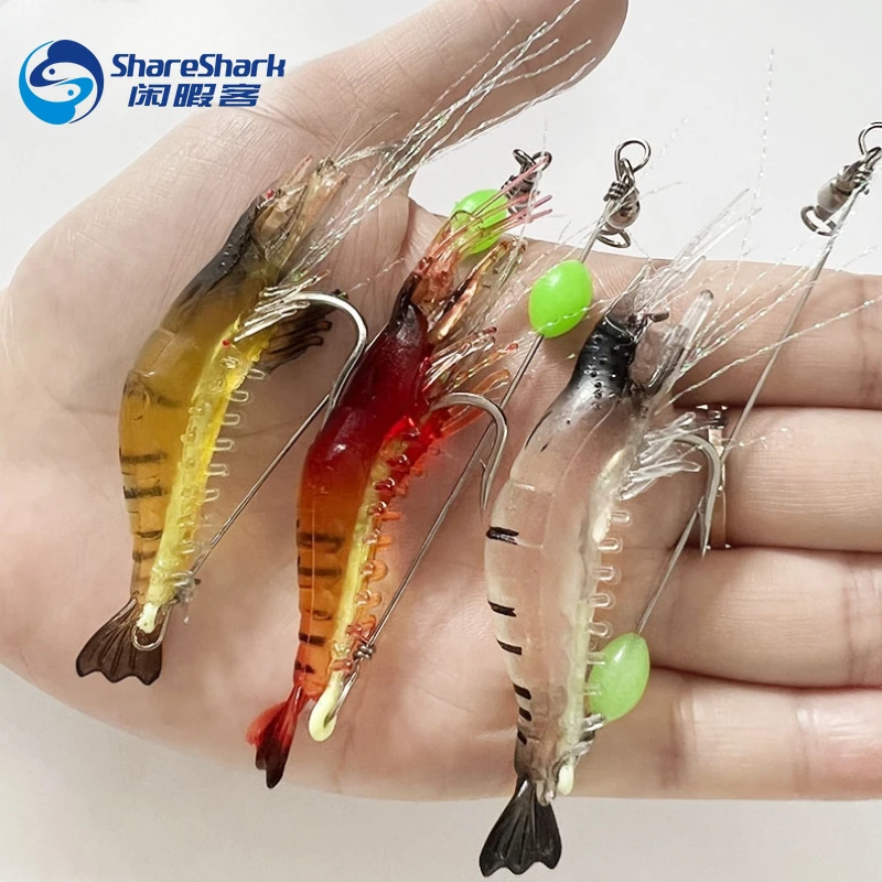 2PCS Built-in Hook Bait Shrimp Kit Luminous Shrimp Lure Soft Plastic Fishing Sabiki Silicon Shrimp Bait Fishing Bait