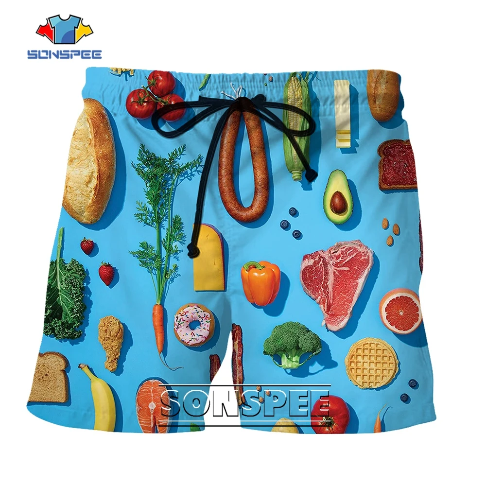 SONSPEE Funny Vegetable Chowder Graphic 3D Print Shorts Summer Men's Women's Fruits Meat Food Oversize Short Pants Clothing