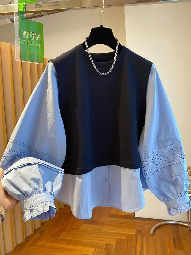 SuperAen Sweet Casual Office Lady Patchwork Design Sweatshirts Women's Long-sleeved 2026 Autumn New Korean Style Loose Tops