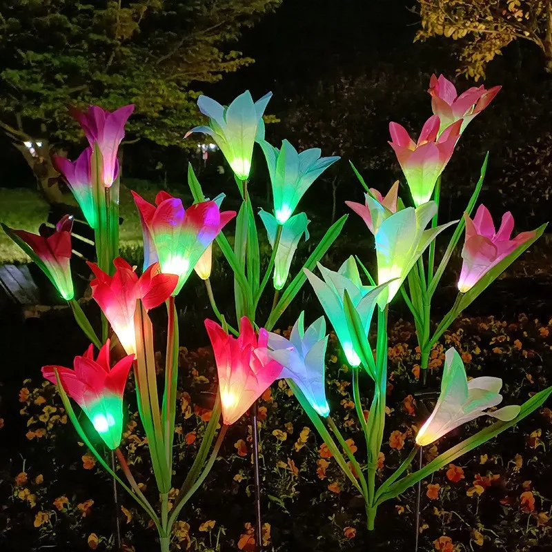 Solar Lily Lights 7-Colors Changing LED Garden Stakes Lawn Decor Auto Charging & Working 4 Head Lily Ground Plug-in Lights 1004