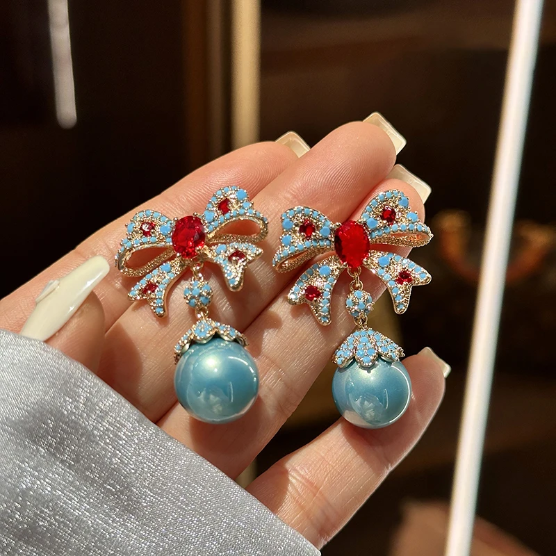 Exaggerated luxury court red bow blue pearl earrings for women