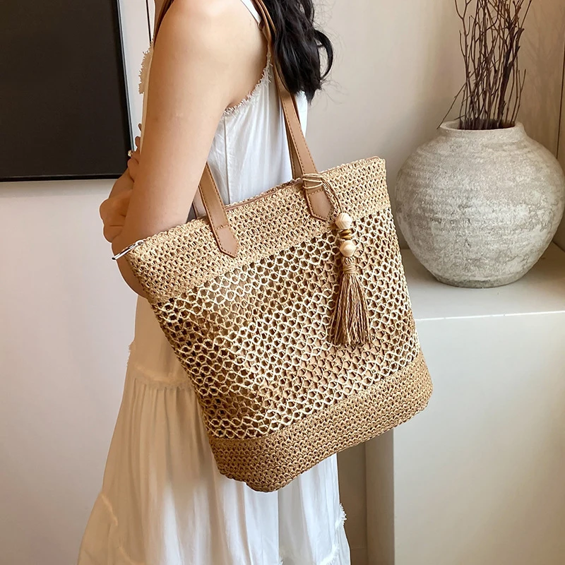 Sommer Stroh Taschen für Frauen Hohe Qualität Rattan Schulter Tasche Reise Handarbeit Gewebt Strand Handtaschen Weibliche Große Kapazität Totes – Detail 12