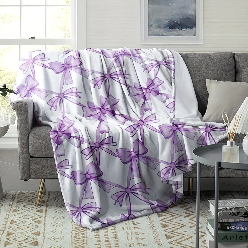 1pc Purple bow-patterned blanket, polyester fabric, machine washable, suitable for use in bedrooms, living rooms, and sofas.