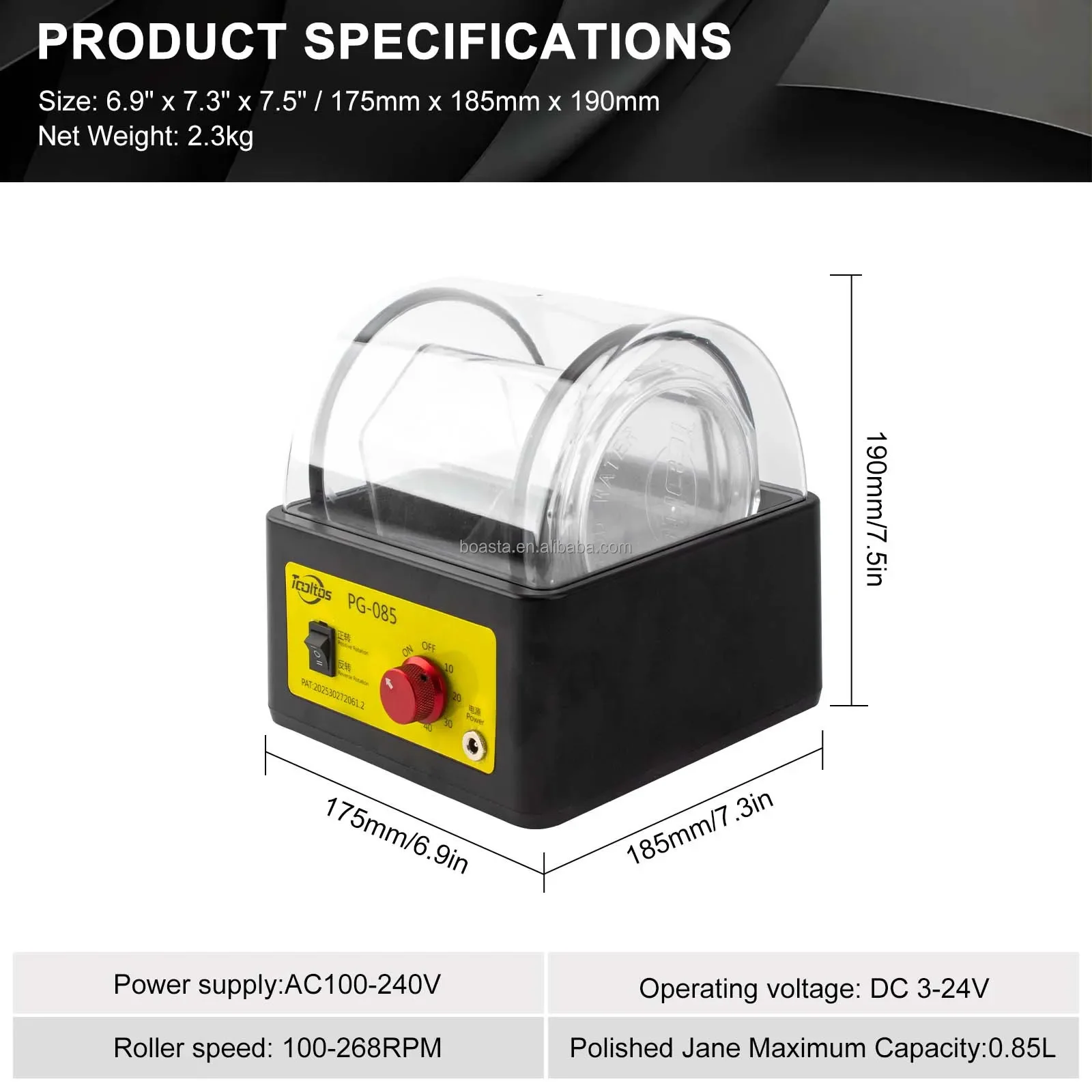 Boasta 0.85L Bench Top Roller Polishing Machine with Forward Reverse Control for Jewelry Finishing PG-085