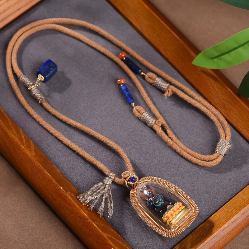 Chinese Style Tibetan Lucky Talisman Pendant Necklace Hand Braided Cotton Rope Lapis Lazuli Beads Painted Thangka Fortune Blessi